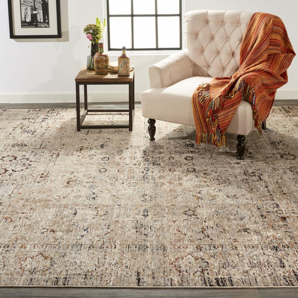 HomeRoots 4' Taupe Ivory and Gray Abstract Distressed Area Rug with Fringed Edges for Modern Home Decor 5' X 8' 512478