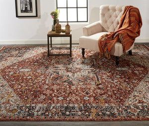 HomeRoots 4' Bold Abstract Distressed Area Rug in Red, Ivory & Black with Classic Fringe for Modern Spaces 4' X 6' 512495
