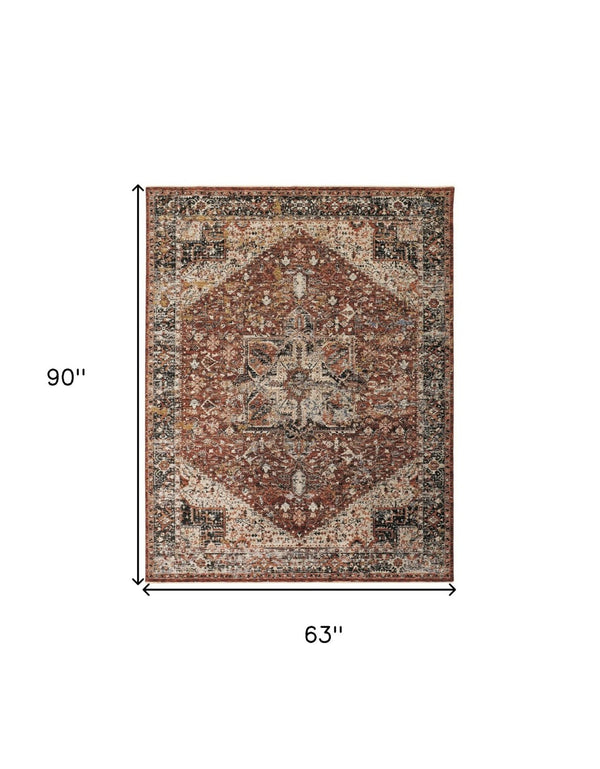 HomeRoots 4' Bold Abstract Distressed Area Rug in Red, Ivory & Black with Classic Fringe for Modern Spaces 5' X 8' 512496