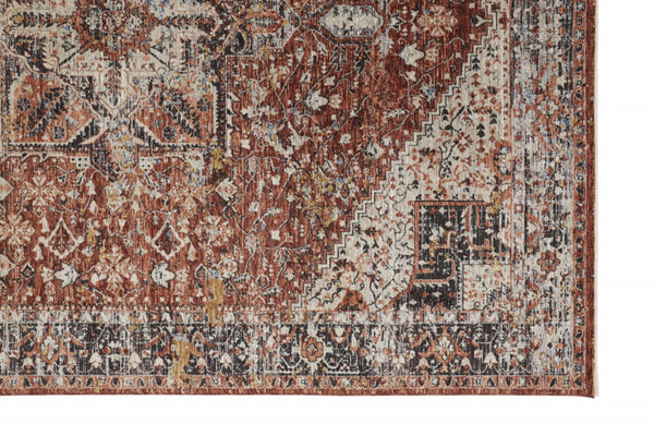 HomeRoots 4' Bold Abstract Distressed Area Rug in Red, Ivory & Black with Classic Fringe for Modern Spaces 5' X 8' 512496