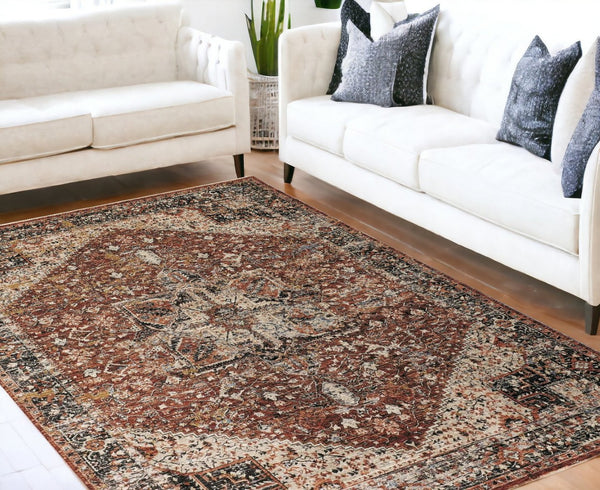 HomeRoots 4' Bold Abstract Distressed Area Rug in Red, Ivory & Black with Classic Fringe for Modern Spaces 5' X 8' 512496