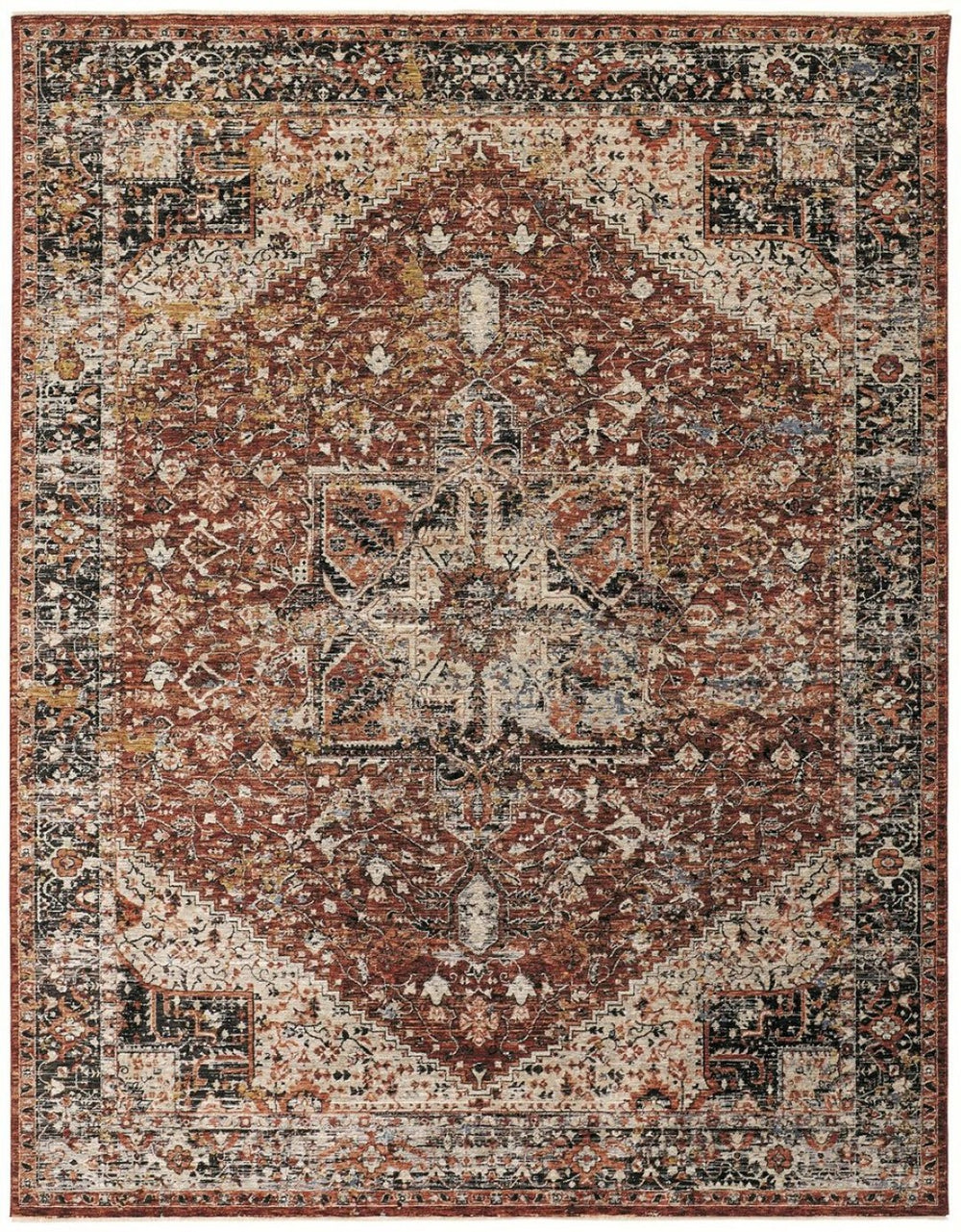HomeRoots 4' Bold Abstract Distressed Area Rug in Red, Ivory & Black with Classic Fringe for Modern Spaces 7' X 10' 512497