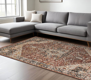 HomeRoots 4' Bold Abstract Distressed Area Rug in Red, Ivory & Black with Classic Fringe for Modern Spaces 7' X 10' 512497