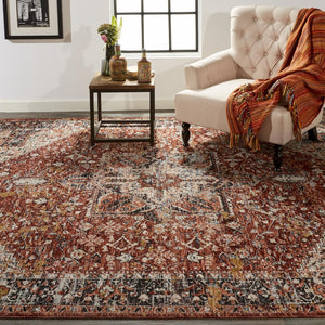 HomeRoots 4' Bold Abstract Distressed Area Rug in Red, Ivory & Black with Classic Fringe for Modern Spaces 7' X 10' 512497