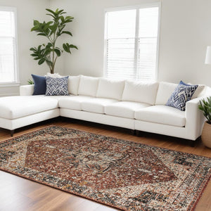 HomeRoots 4' Bold Abstract Distressed Area Rug in Red, Ivory & Black with Classic Fringe for Modern Spaces 8' X 10' 512498