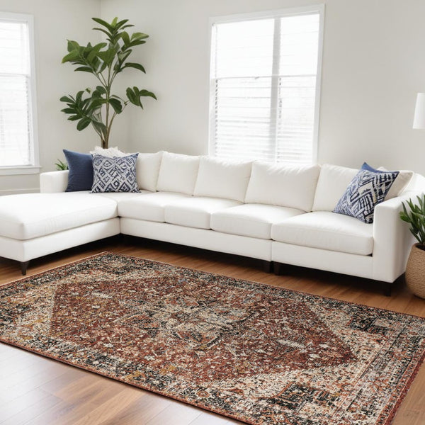 HomeRoots 4' Bold Abstract Distressed Area Rug in Red, Ivory & Black with Classic Fringe for Modern Spaces 8' X 10' 512498