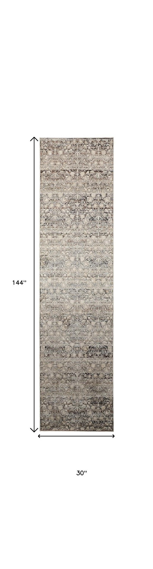 HomeRoots 4' Gray and Ivory Distressed Oriental Area Rug with Fringe – Elegant Comfort for Any Room 12' Runner 512510