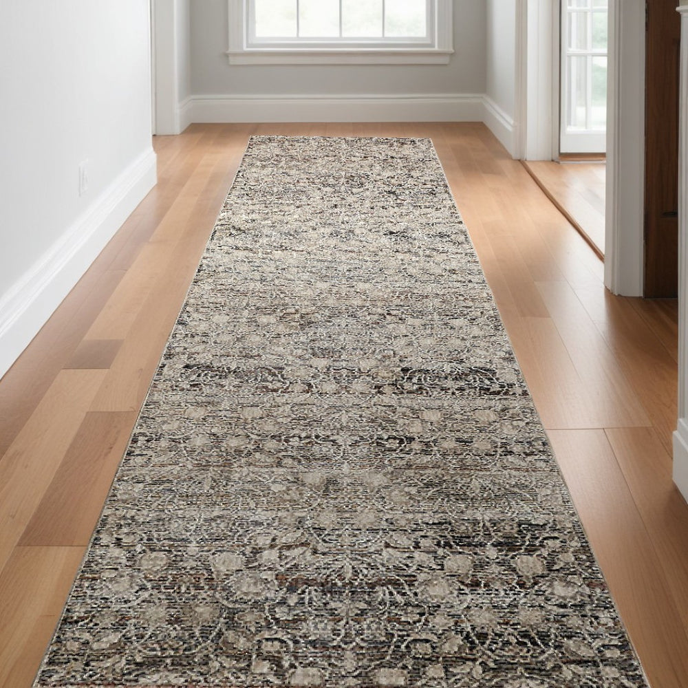 HomeRoots 4' Gray and Ivory Distressed Oriental Area Rug with Fringe – Elegant Comfort for Any Room 12' Runner 512510