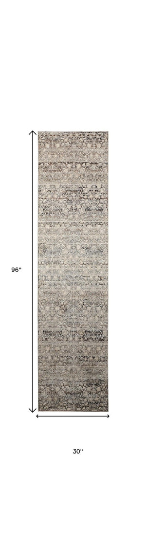 HomeRoots 4' Gray and Ivory Distressed Oriental Area Rug with Fringe – Elegant Comfort for Any Room 8' Runner 512511