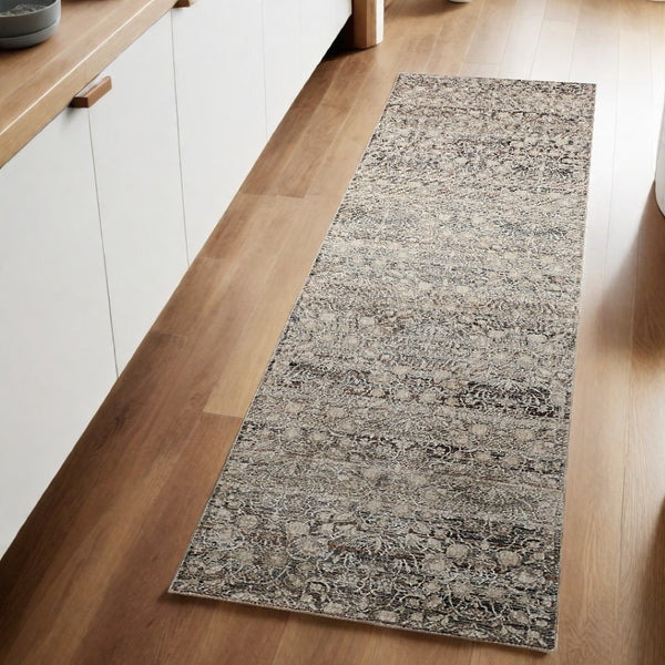 HomeRoots 4' Gray and Ivory Distressed Oriental Area Rug with Fringe – Elegant Comfort for Any Room 8' Runner 512511