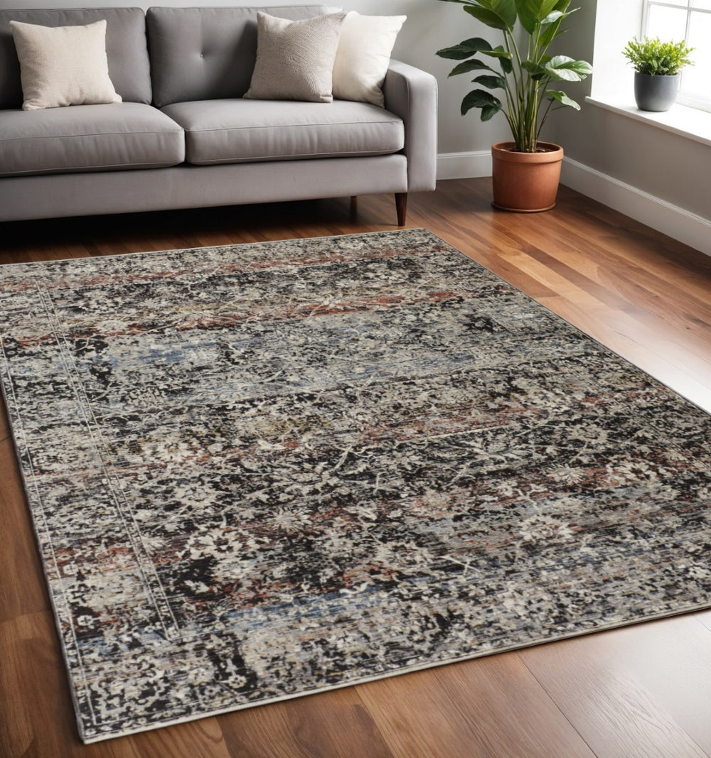 HomeRoots 4' Gray Black and Red Oriental Distressed Area Rug with Fringe – Timeless Elegance for Any Space 5' X 8' 512514
