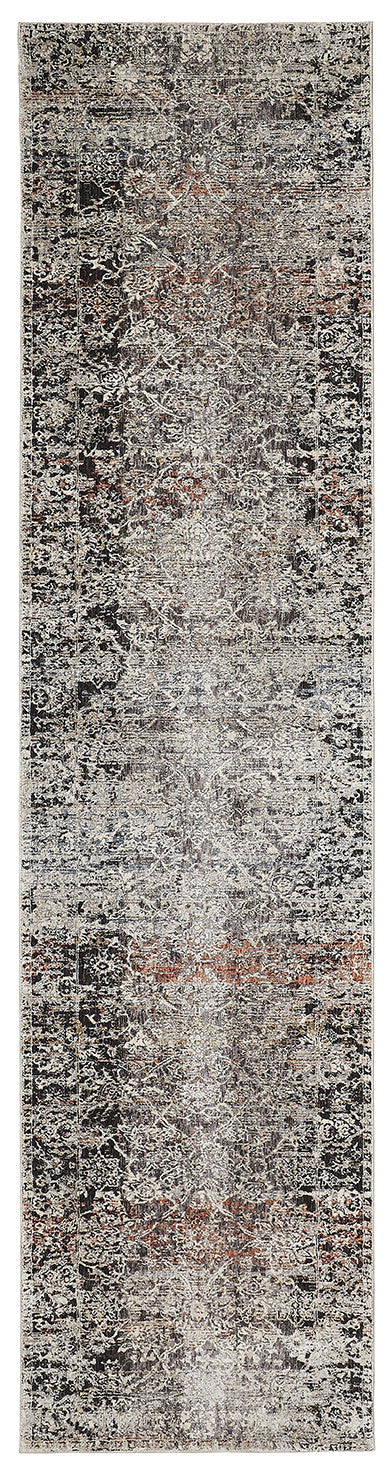 Homeroots 10' Gray Black And Red Oriental Power Loom Distressed Runner Rug With Fringe  Viscose,Polyester 512518
