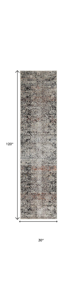 Homeroots 10' Gray Black And Red Oriental Power Loom Distressed Runner Rug With Fringe  Viscose,Polyester 512518