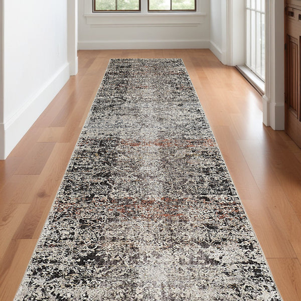 Homeroots 12' Gray Black And Red Oriental Power Loom Distressed Runner Rug With Fringe  Viscose,Polyester 512519