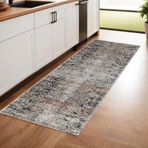 Homeroots 8' Gray Black And Red Oriental Power Loom Distressed Runner Rug With Fringe  Viscose,Polyester 512520