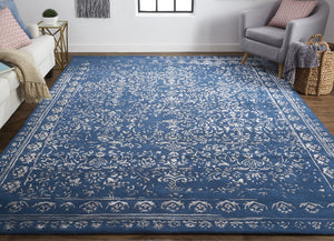Homeroots 8' X 10' Blue And Silver Wool Floral Tufted Handmade Distressed Area Rug Blue,Silver Wool 512522