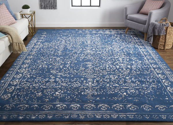 Homeroots 8' X 10' Blue And Silver Wool Floral Tufted Handmade Distressed Area Rug Blue,Silver Wool 512522