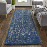 Homeroots 8' Blue And Silver Wool Floral Hand Tufted Distressed Runner Rug Blue,Silver Wool 512525