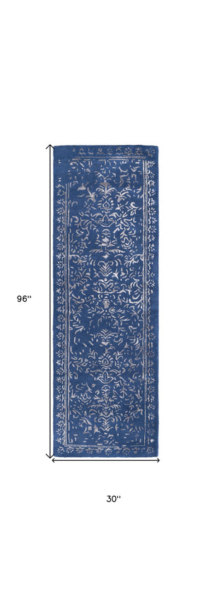 Homeroots 8' Blue And Silver Wool Floral Hand Tufted Distressed Runner Rug Blue,Silver Wool 512525