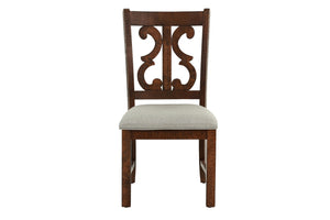 English Elm Oak Distressed 5pc Round Dining Set with Carved Cushioned Chairs and Server-Style Rustic Charm Oak 57 L x 57 W x 6 H B011S01666