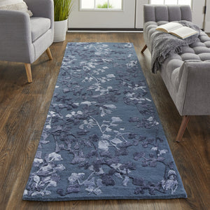 Homeroots 8' Light Blue And Blue Wool Floral Hand Tufted Runner Rug Blue Wool 512543