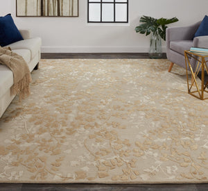 Homeroots 9' X 12' Ivory Tan And Gold Wool Floral Tufted Handmade Area Rug Ivory,Tan,Gold Wool 512547