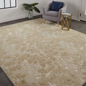 Homeroots 9' X 12' Ivory Tan And Gold Wool Floral Tufted Handmade Area Rug Ivory,Tan,Gold Wool 512547