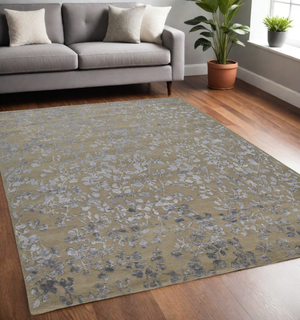 HomeRoots 5' Handmade Wool Floral Tufted Area Rug in Tan, Silver, and Gray for Elegant Home Décor Enhancements 5' X 8' 512551