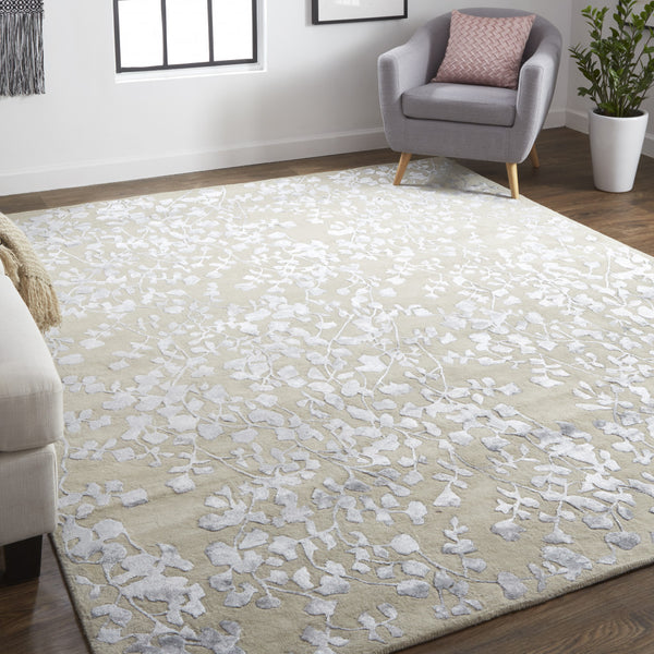 Homeroots 8' X 10' Tan Silver And Gray Wool Floral Tufted Handmade Area Rug Tan,Silver,Gray Wool 512552