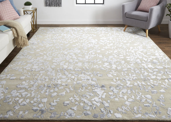 Homeroots 9' X 12' Tan Silver And Gray Wool Floral Tufted Handmade Area Rug Tan,Silver,Gray Wool 512553