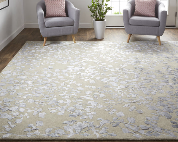 Homeroots 10' X 14' Tan Silver And Gray Wool Floral Tufted Handmade Area Rug Tan,Silver,Gray Wool 512554
