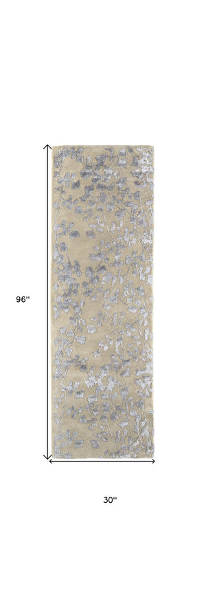 Homeroots 8' Tan And Gray Wool Floral Hand Tufted Runner Rug Tan,Silver,Gray Wool 512555