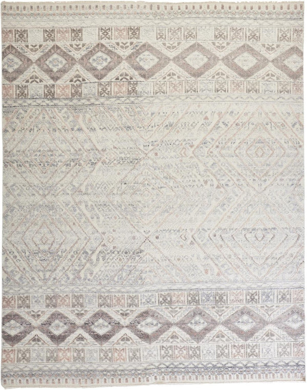 HomeRoots 4' Hand-Knotted Geometric Area Rug in Gray, Ivory & Pink – Perfect for Modern Home Decor Spaces 5' X 8' 512558