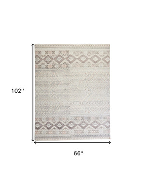 HomeRoots 4' Hand-Knotted Geometric Area Rug in Gray, Ivory & Pink – Perfect for Modern Home Decor Spaces 5' X 8' 512558