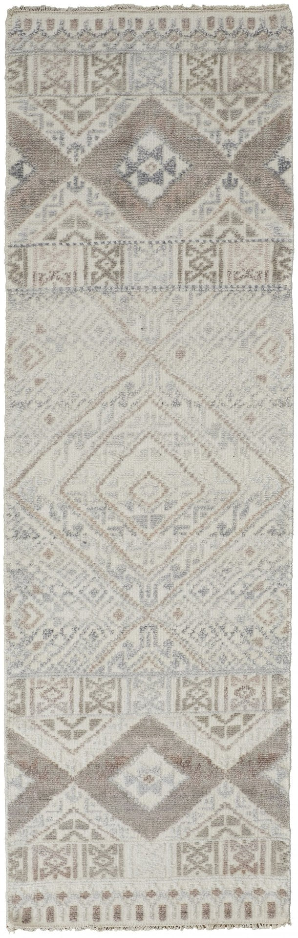 HomeRoots 4' Hand-Knotted Geometric Area Rug in Gray, Ivory & Pink – Perfect for Modern Home Decor Spaces 8' Runner 512563