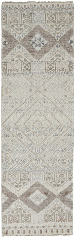 HomeRoots 4' Hand-Knotted Geometric Area Rug in Gray, Ivory & Pink – Perfect for Modern Home Decor Spaces 8' Runner 512563