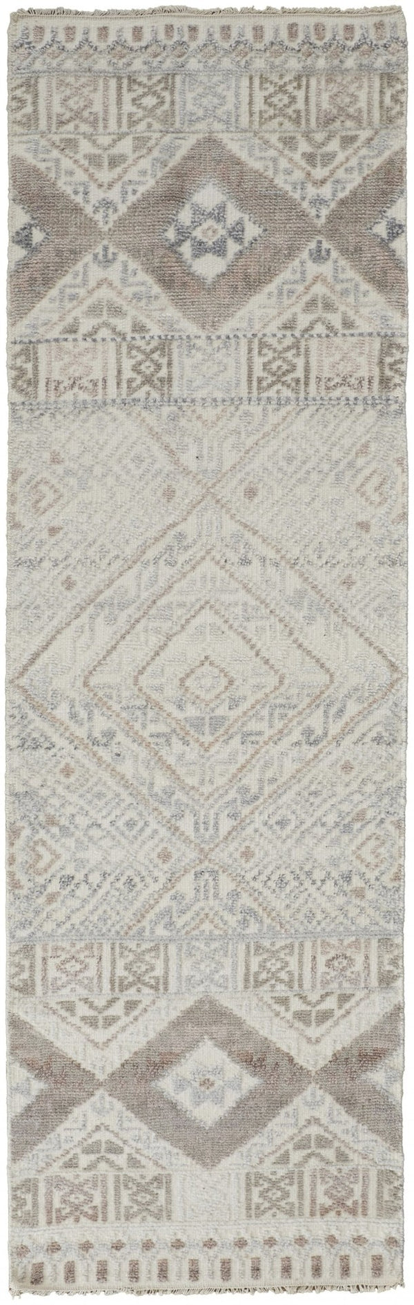 HomeRoots 4' Hand-Knotted Geometric Area Rug in Gray, Ivory & Pink – Perfect for Modern Home Decor Spaces 8' Runner 512563