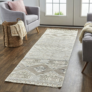 HomeRoots 4' Hand-Knotted Geometric Area Rug in Gray, Ivory & Pink – Perfect for Modern Home Decor Spaces 8' Runner 512563