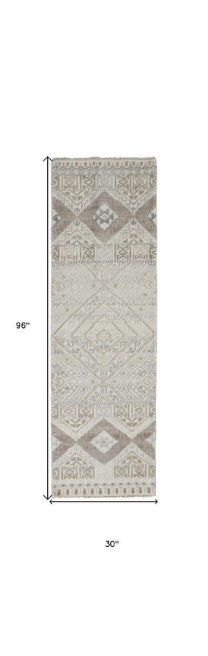 HomeRoots 4' Hand-Knotted Geometric Area Rug in Gray, Ivory & Pink – Perfect for Modern Home Decor Spaces 8' Runner 512563