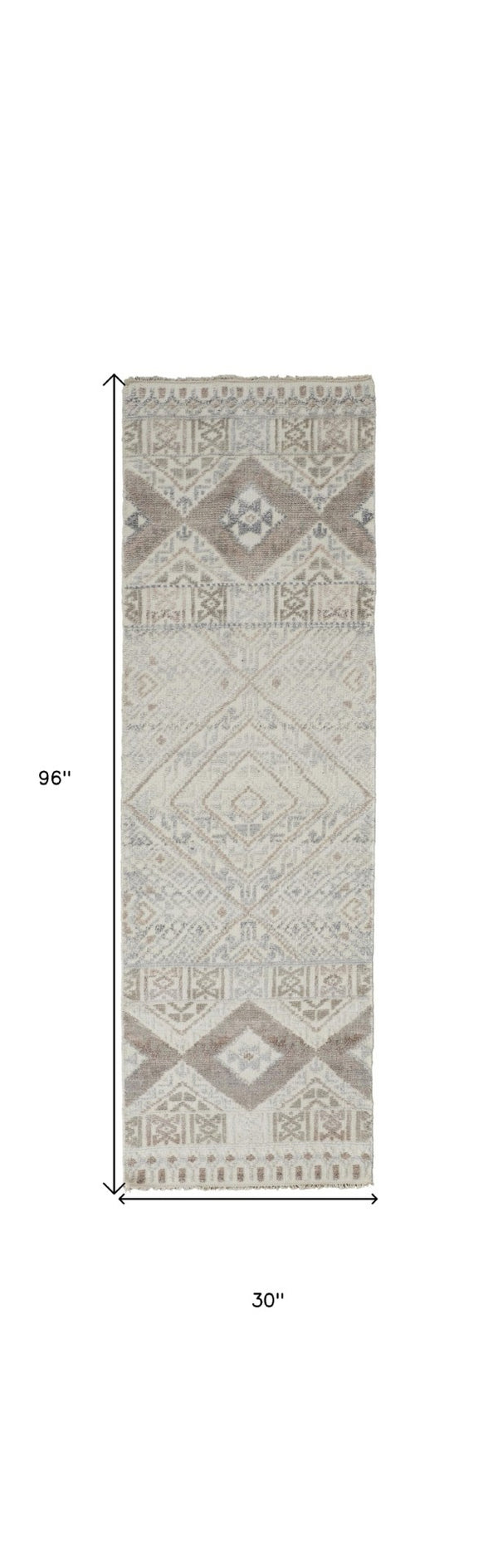 HomeRoots 4' Hand-Knotted Geometric Area Rug in Gray, Ivory & Pink – Perfect for Modern Home Decor Spaces 8' Runner 512563