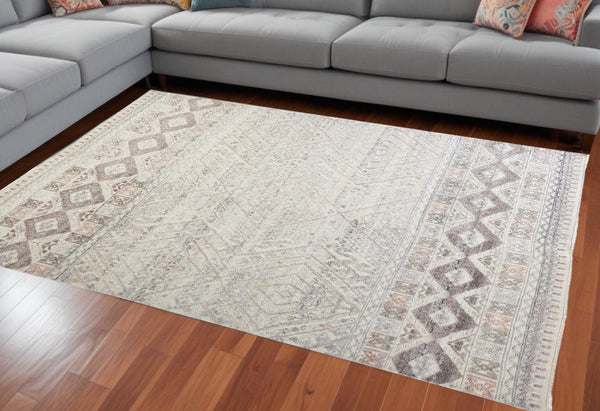 HomeRoots 4' Hand-Knotted Geometric Area Rug in Gray, Ivory & Pink – Perfect for Modern Home Decor Spaces 12' X 15' 512564