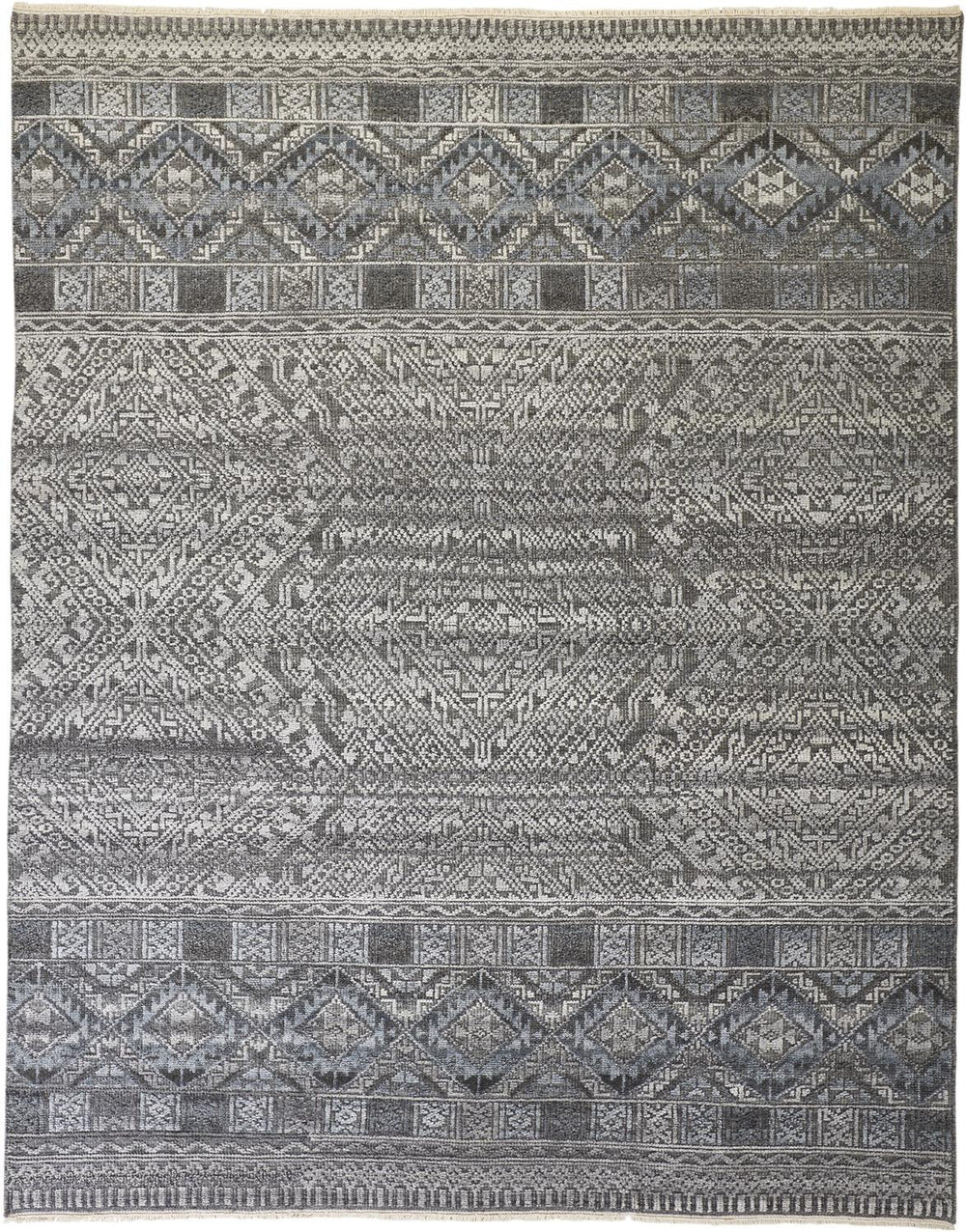 Homeroots 10' X 13' Gray And Ivory Geometric Hand Knotted Area Rug Gray,Ivory,Blue Viscose 512568