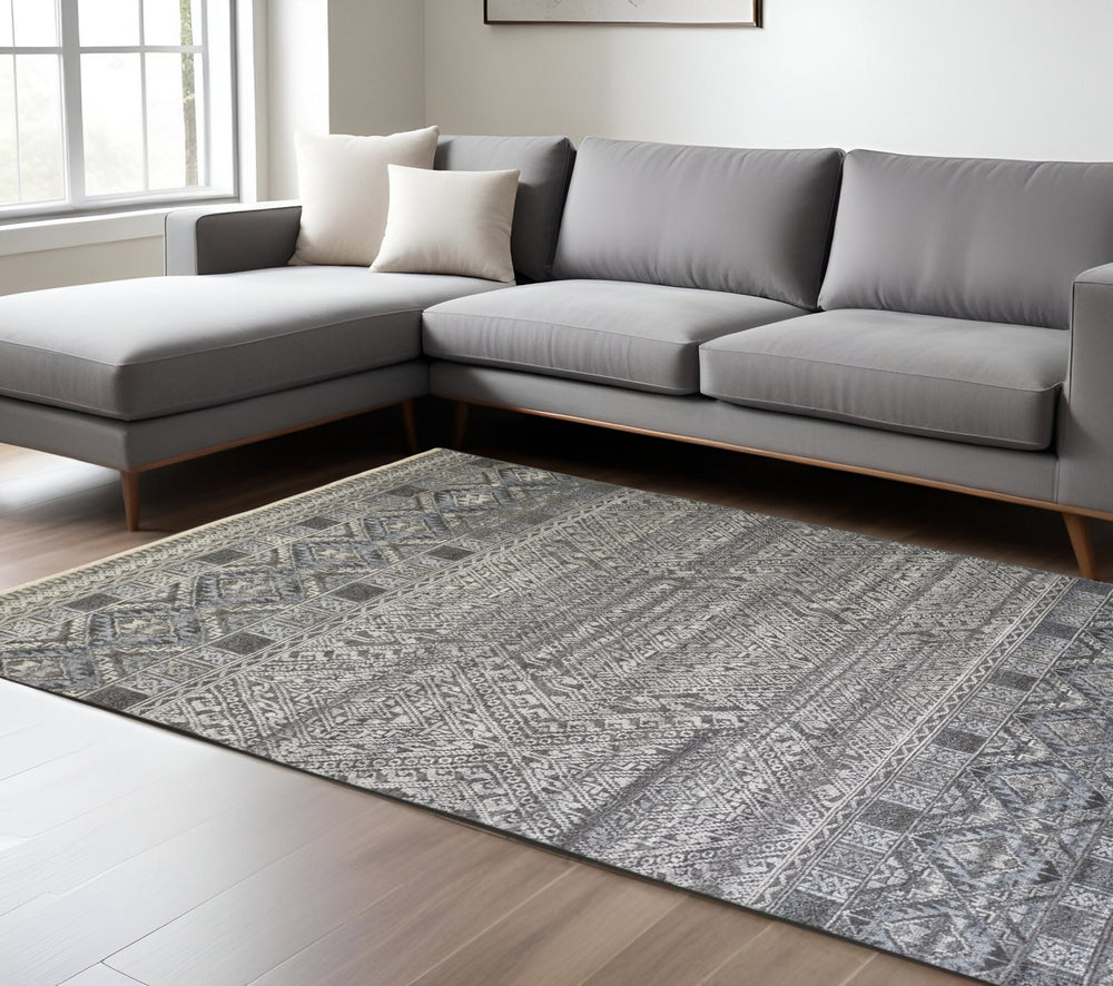 Homeroots 10' X 13' Gray And Ivory Geometric Hand Knotted Area Rug Gray,Ivory,Blue Viscose 512568