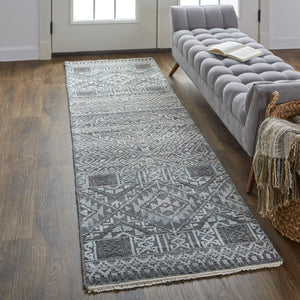 HomeRoots 4' Hand-Knotted Geometric Area Rug in Gray, Ivory & Pink – Perfect for Modern Home Decor Spaces 10' Runner 512569