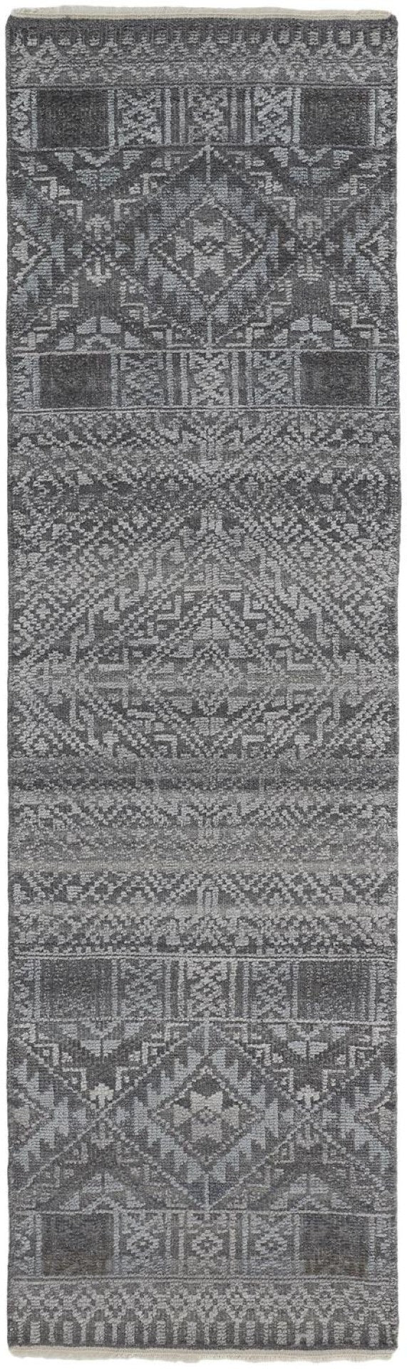 HomeRoots 4' Hand-Knotted Geometric Area Rug in Gray, Ivory & Pink – Perfect for Modern Home Decor Spaces 10' Runner 512569