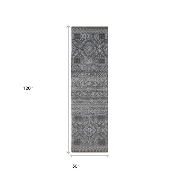 HomeRoots 4' Hand-Knotted Geometric Area Rug in Gray, Ivory & Pink – Perfect for Modern Home Decor Spaces 10' Runner 512569
