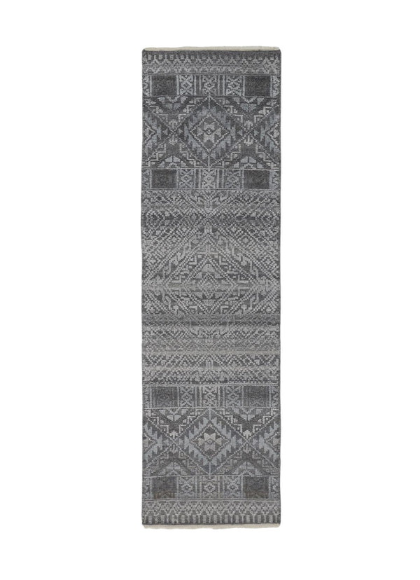 HomeRoots 4' Hand-Knotted Geometric Area Rug in Gray, Ivory & Pink – Perfect for Modern Home Decor Spaces 10' Runner 512569