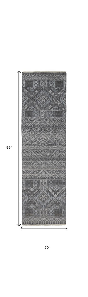 HomeRoots 4' Hand-Knotted Geometric Area Rug in Gray, Ivory & Pink – Perfect for Modern Home Decor Spaces 8' Runner 512570