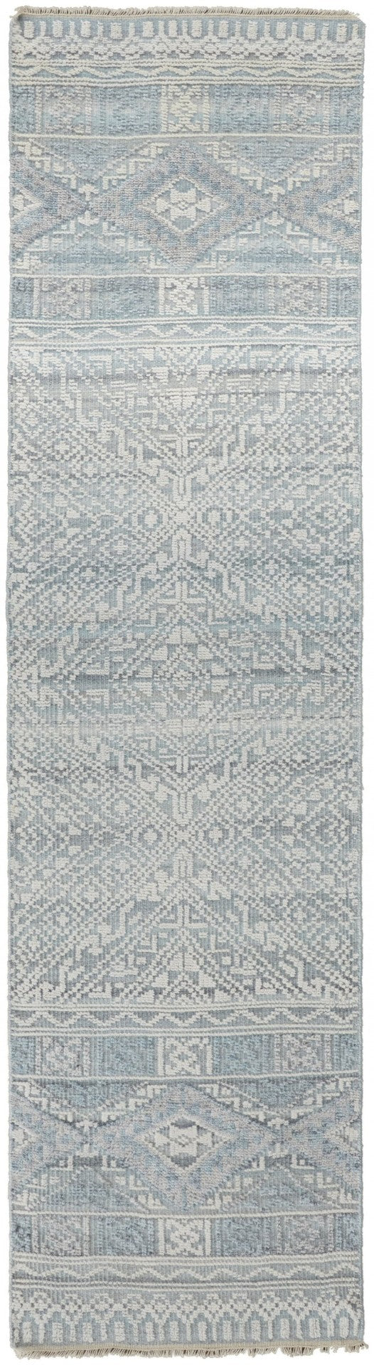HomeRoots 4' Hand-Knotted Geometric Area Rug in Gray, Ivory & Pink – Perfect for Modern Home Decor Spaces 10' Runner 512577