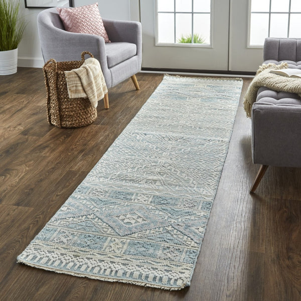 HomeRoots 4' Hand-Knotted Geometric Area Rug in Gray, Ivory & Pink – Perfect for Modern Home Decor Spaces 10' Runner 512577